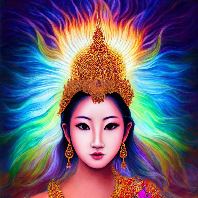 Vibrant woman with golden headdress against colorful background