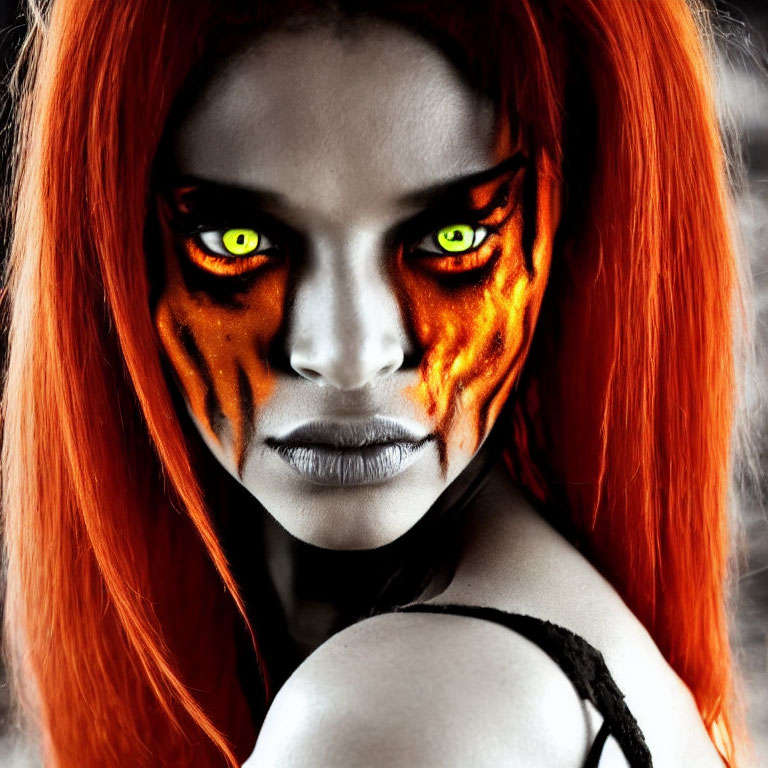 Fiery Orange Hair and Yellow Eyes with Flame-Like Face Paint on Grayscale Background