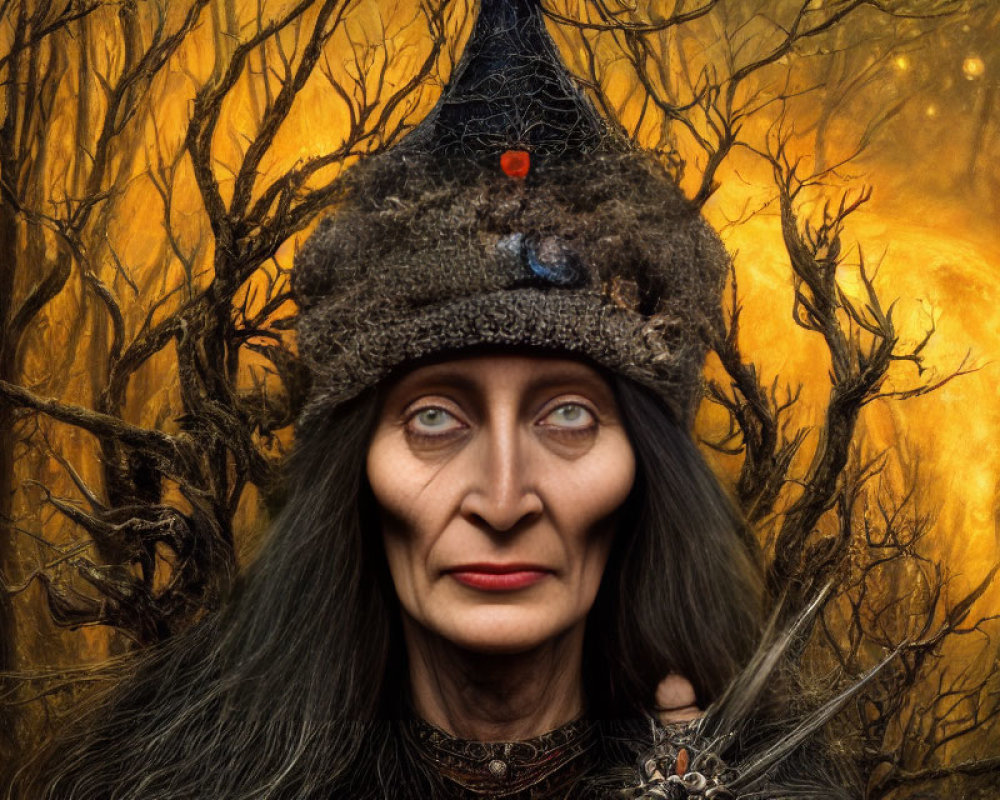 Person in witch's hat with stern expression under yellow moon.