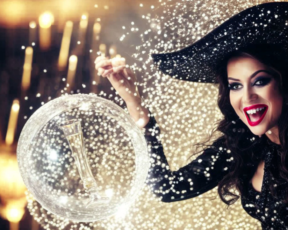 Woman in Black Glitter Outfit Smiling with Champagne Glass in Sparkling Sphere
