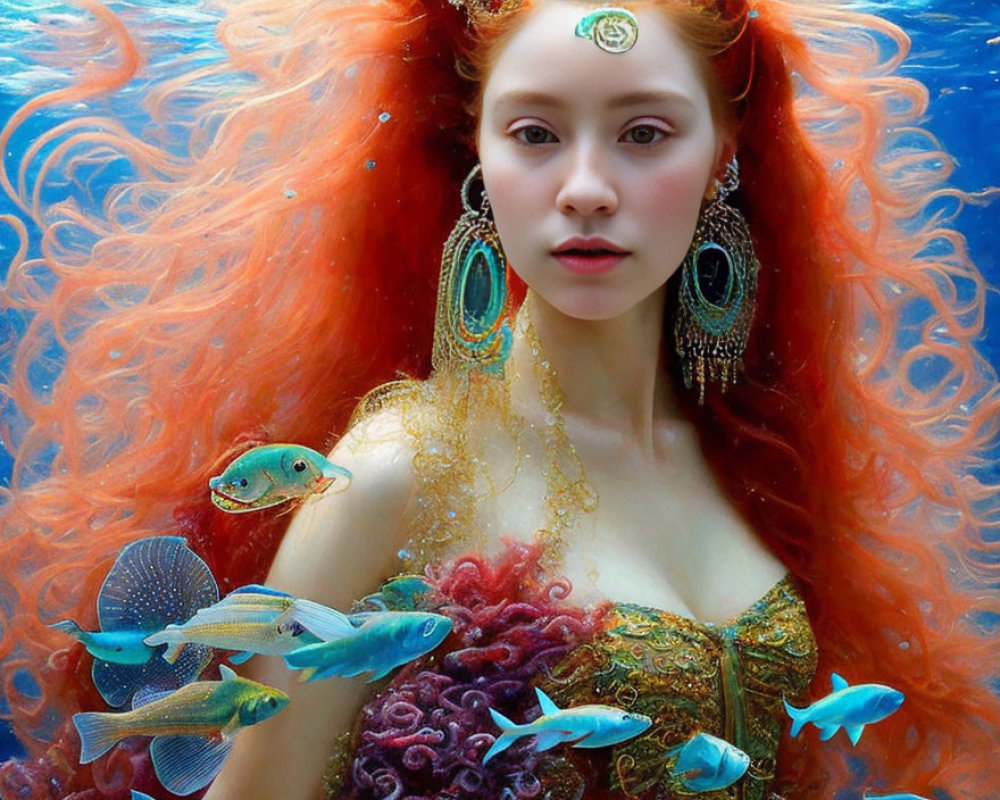 Red-haired woman with ornate jewelry underwater among colorful fish