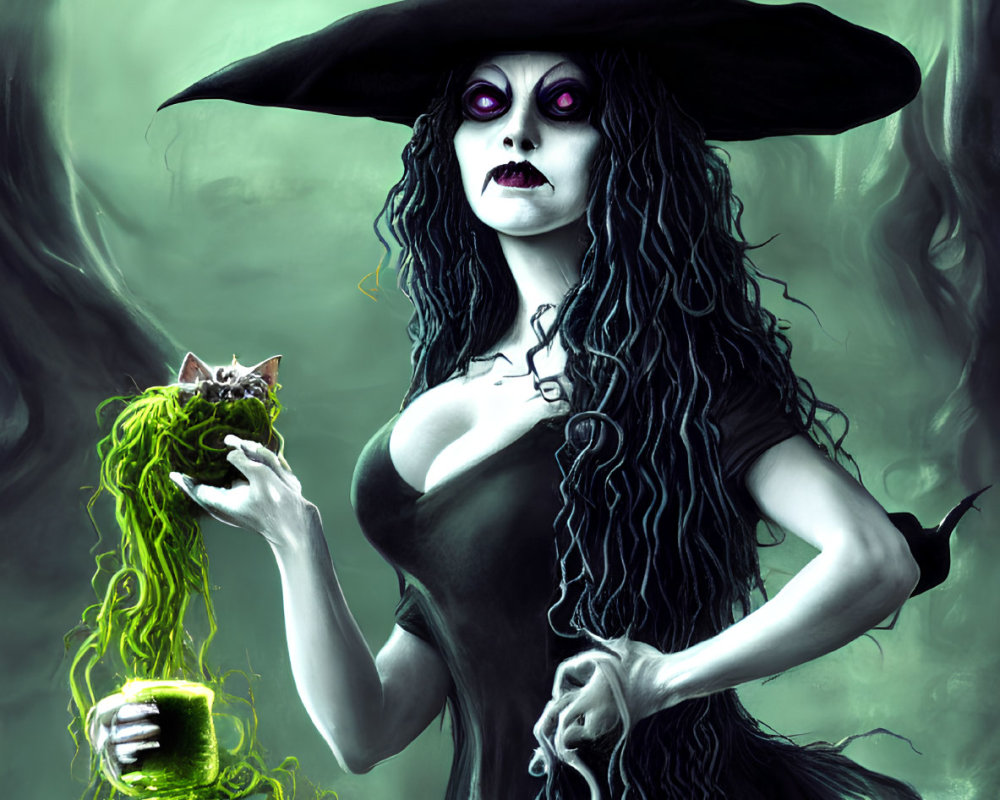 Gothic witch with purple eyes holding potion, cat in pumpkin, surrounded by bats.