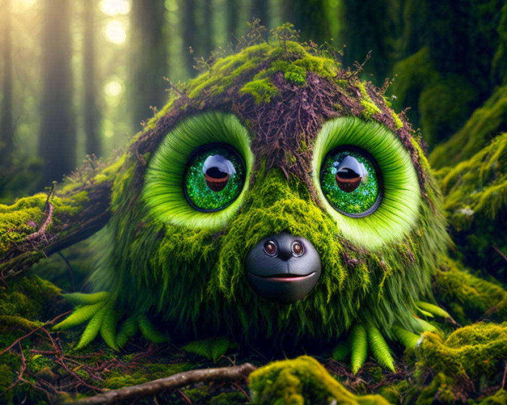 Whimsical creature with large green eyes in mossy forest setting