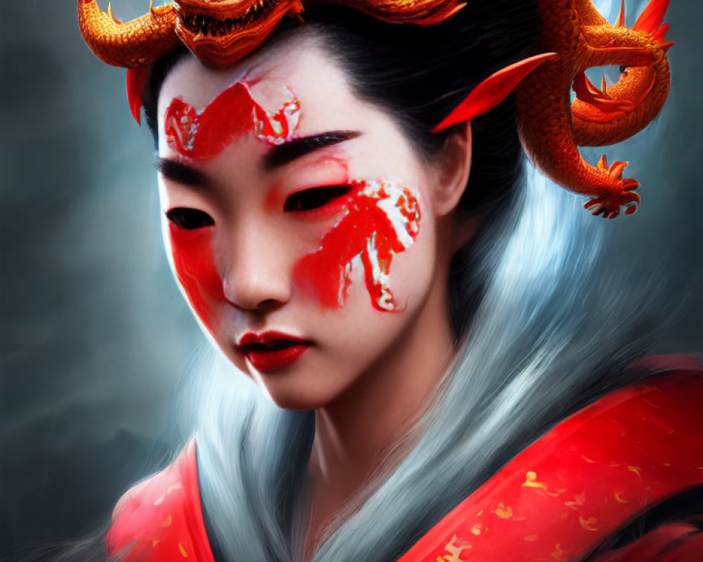 Elaborate Red Dragon Headpiece and Face Paint on Person in Red Outfit