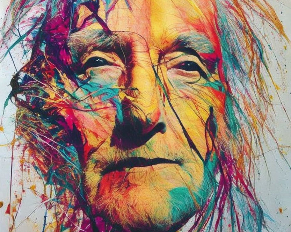 Colorful Abstract Portrait Overlaying Serious Older Face