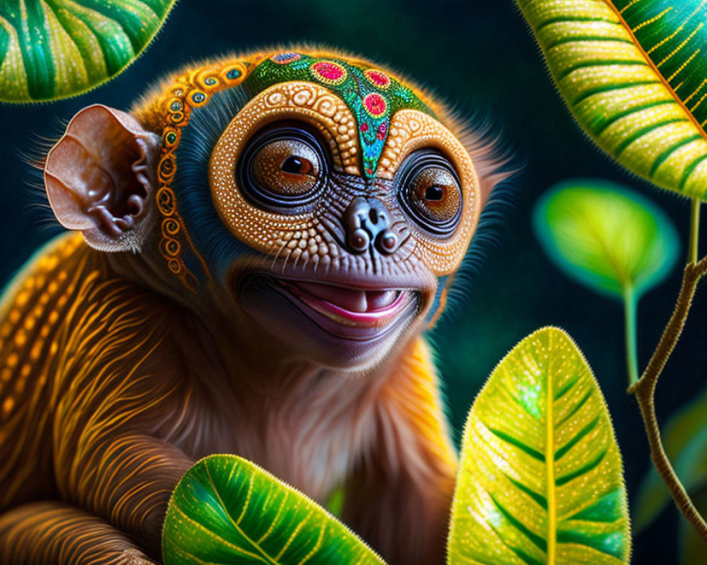 Detailed Colorful Illustration of Whimsical Monkey with Patterned Facial Decorations Among Green Leaves