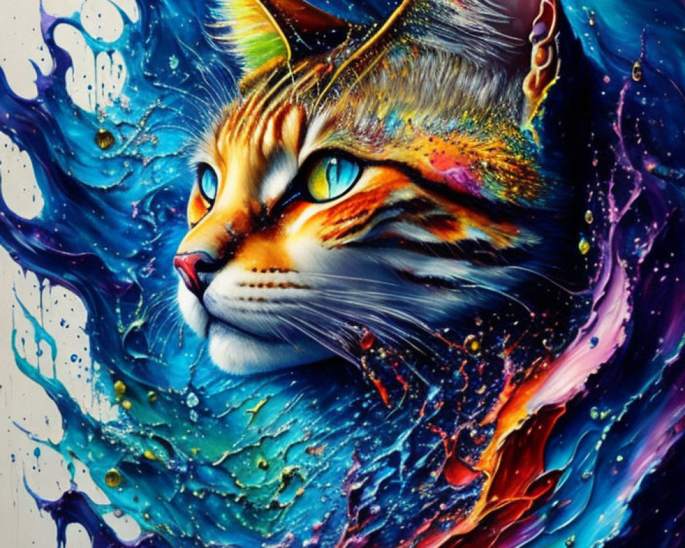 Colorful Cat Illustration with Intense Eyes and Liquid Patterns