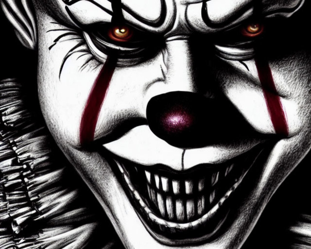 Monochrome illustration of a creepy clown with red eyes and eerie smile