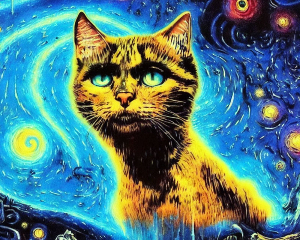 Vibrant cat illustration with blue eyes on cosmic backdrop