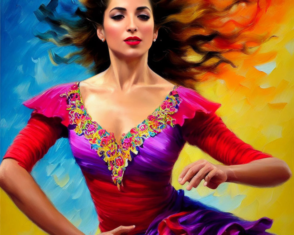 Colorful portrait of woman with flowing hair in embroidered dress against vibrant background