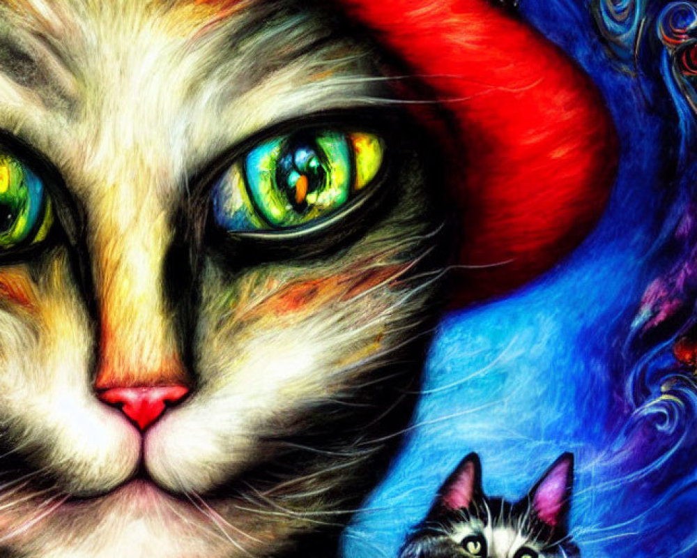 Colorful anthropomorphic cat painting with kitten in hat - vibrant hues and intricate patterns