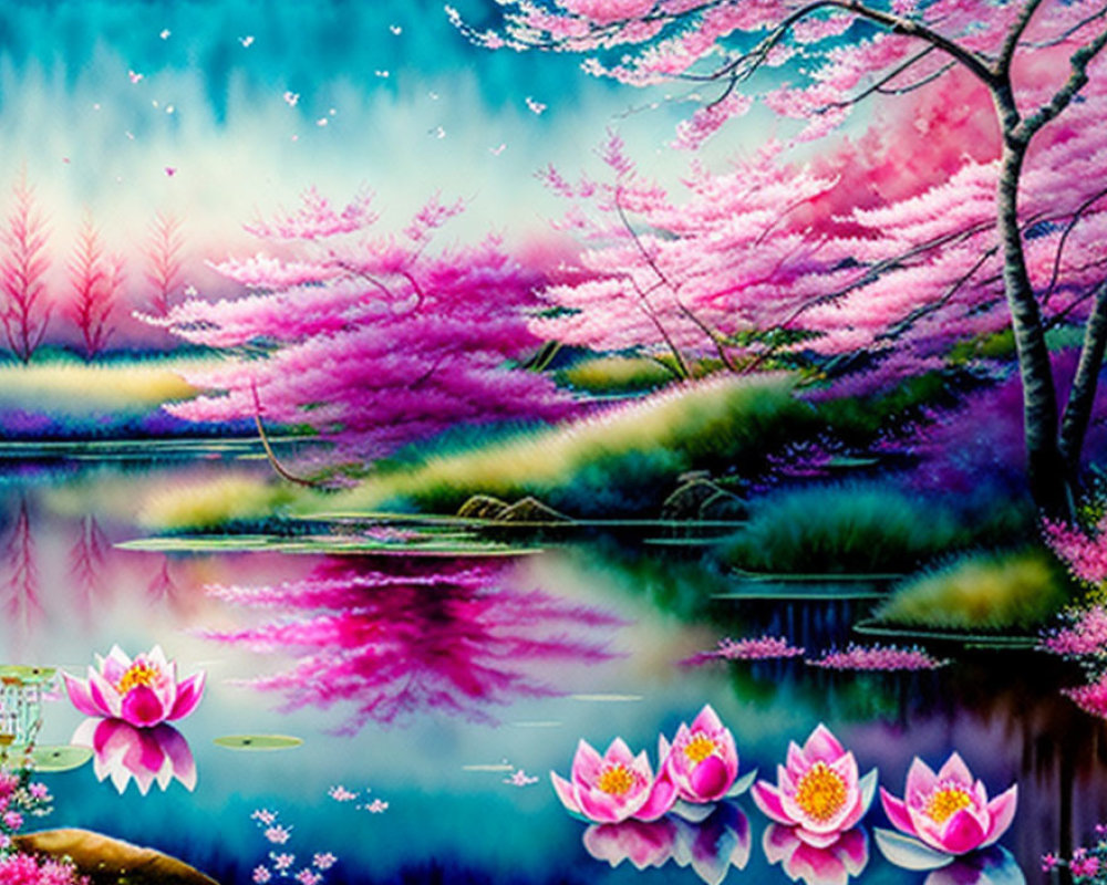 Colorful digital artwork: serene lake, cherry blossoms, lotus flowers