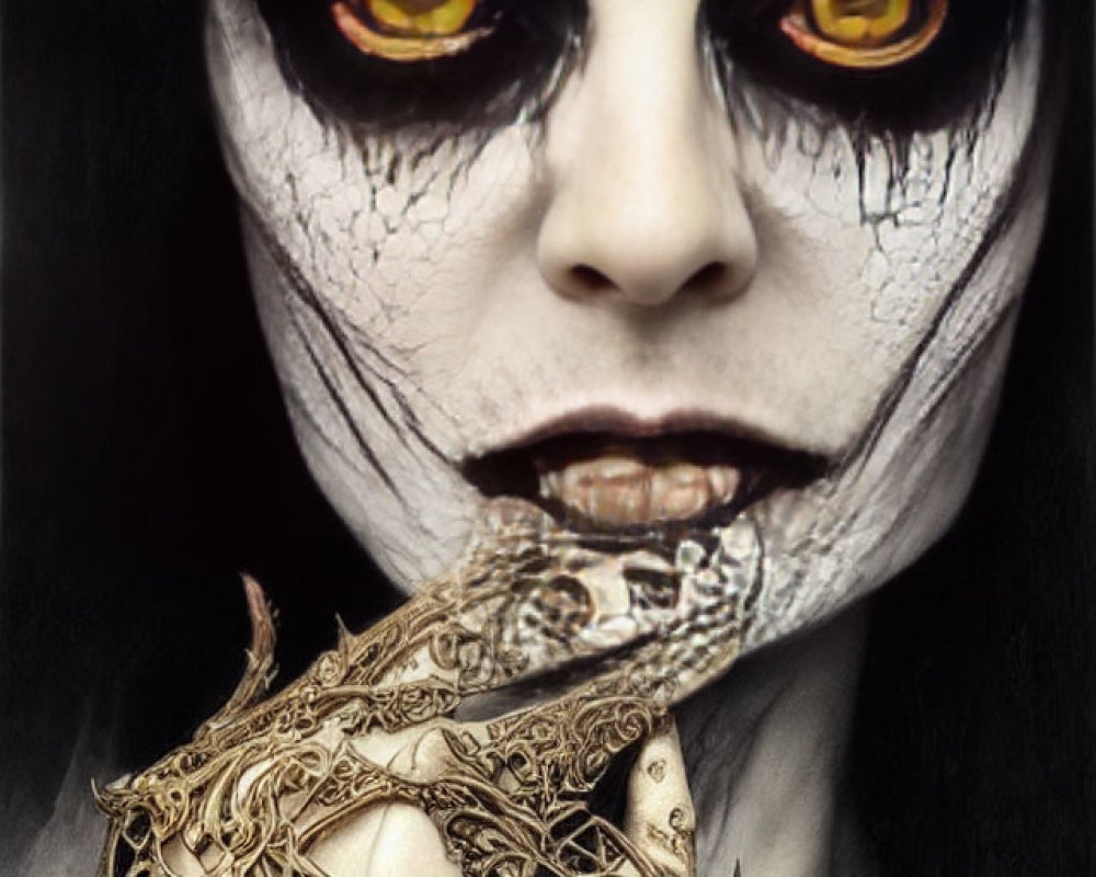 Person with dramatic white and black makeup and ornate gold filigree details