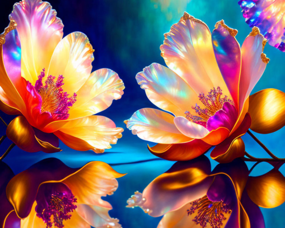 Translucent petals in orange and yellow hues on blue textured background
