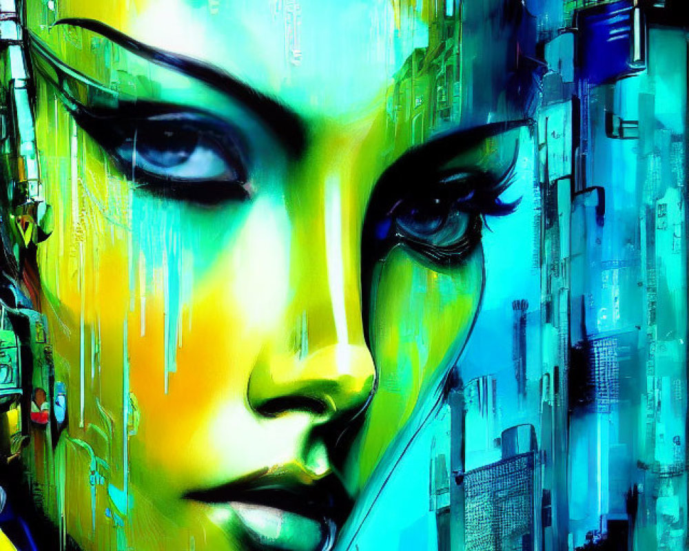 Vividly colored digital artwork of stylized female figure against blue cityscape