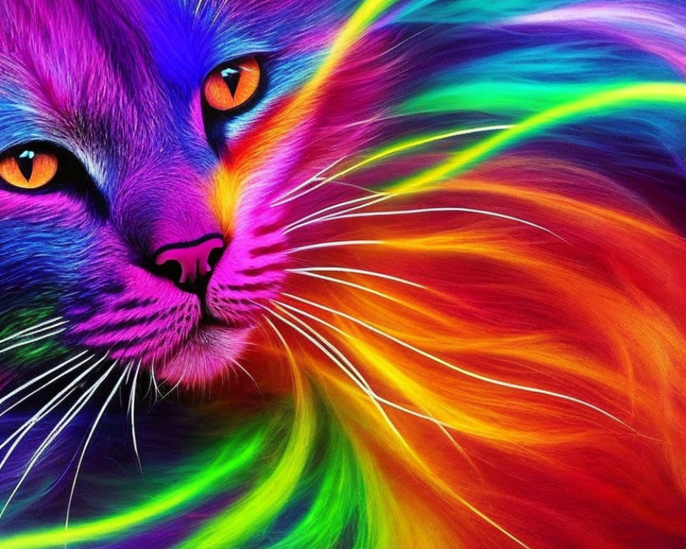 Colorful Rainbow Cat Illustration with Bright Orange Eyes