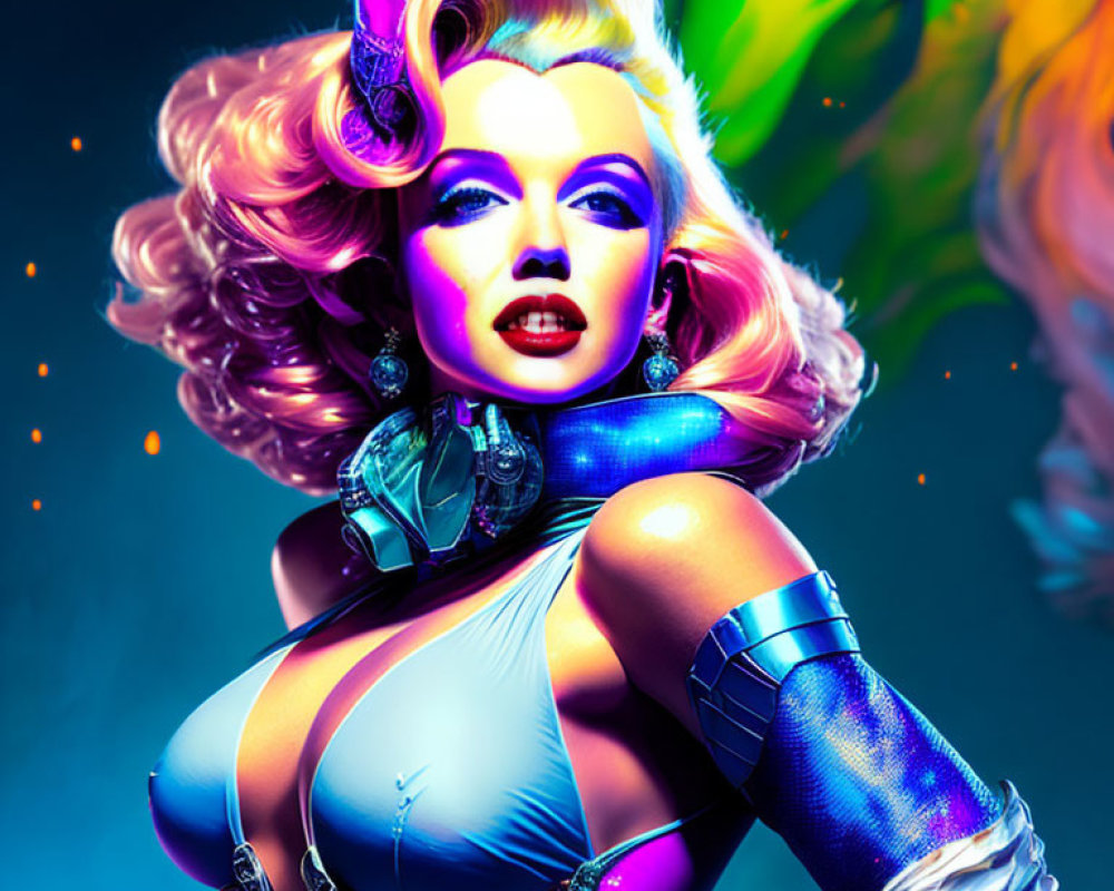 Colorful futuristic digital artwork of a woman in elaborate horned armor.