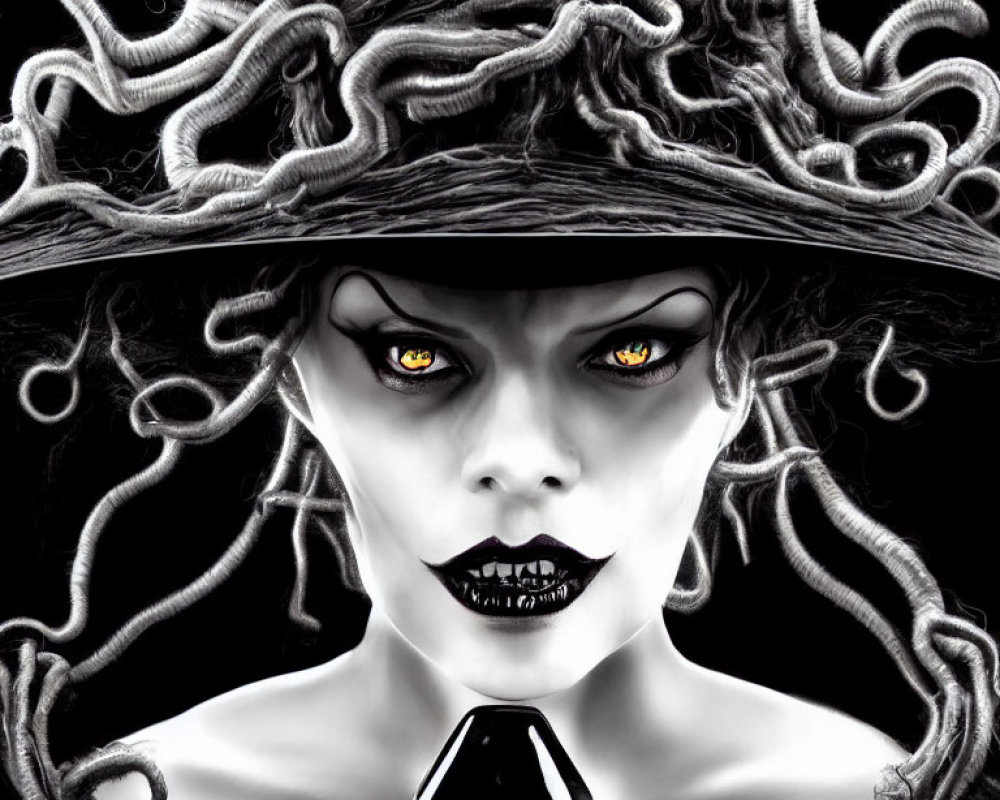 Monochrome gothic image of person with snake-like hair and yellow eyes