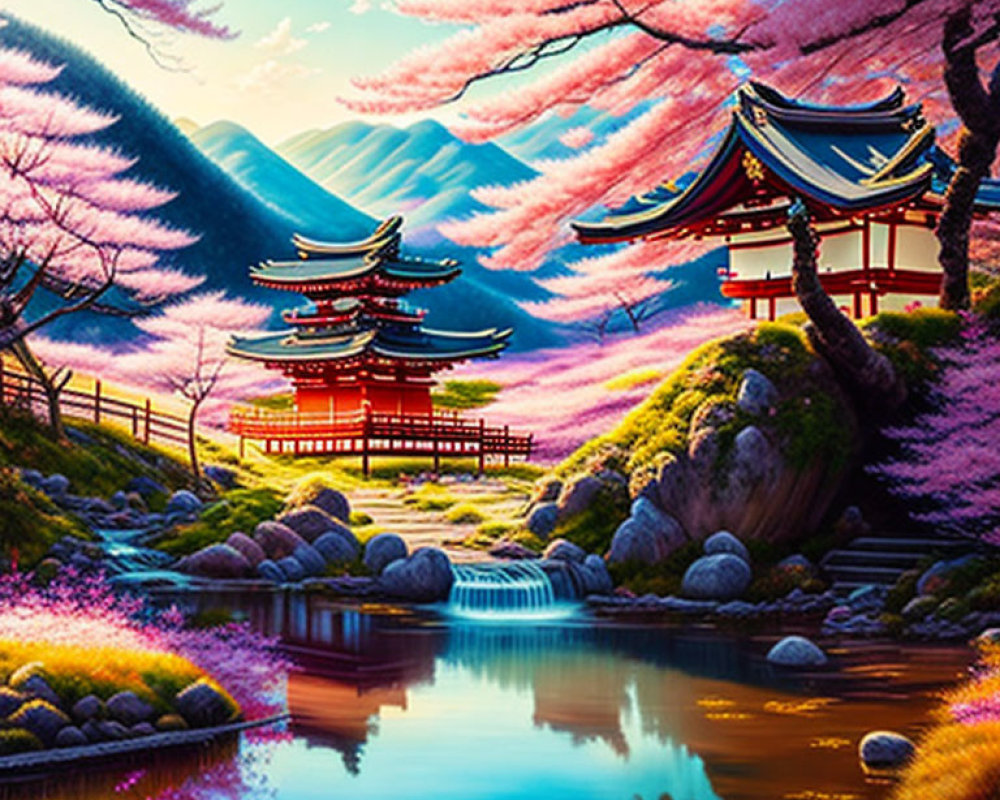 Serene Japanese landscape with cherry blossoms and pagoda