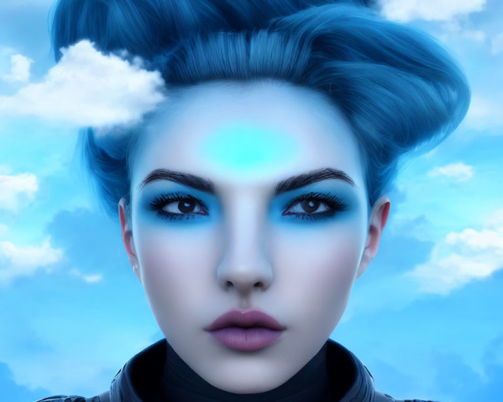 Striking Blue Hair Woman Portrait Against Cloudy Sky Background