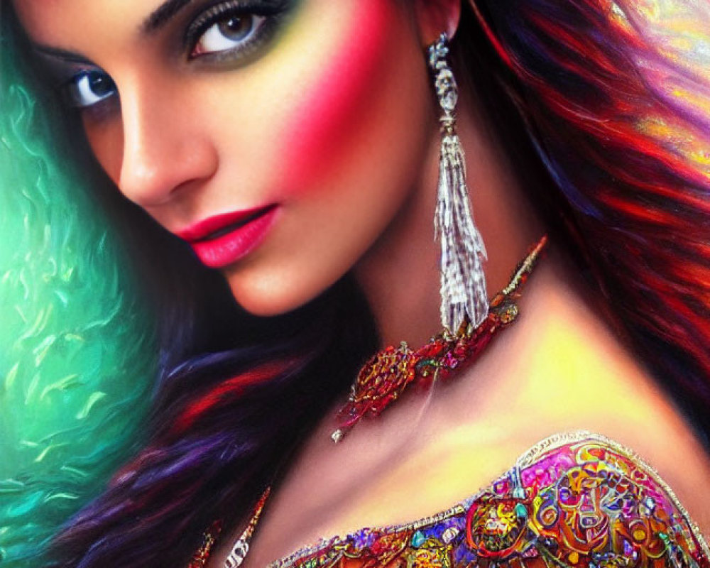 Colorful Woman Artwork with Flowing Hair and Rich Jewelry