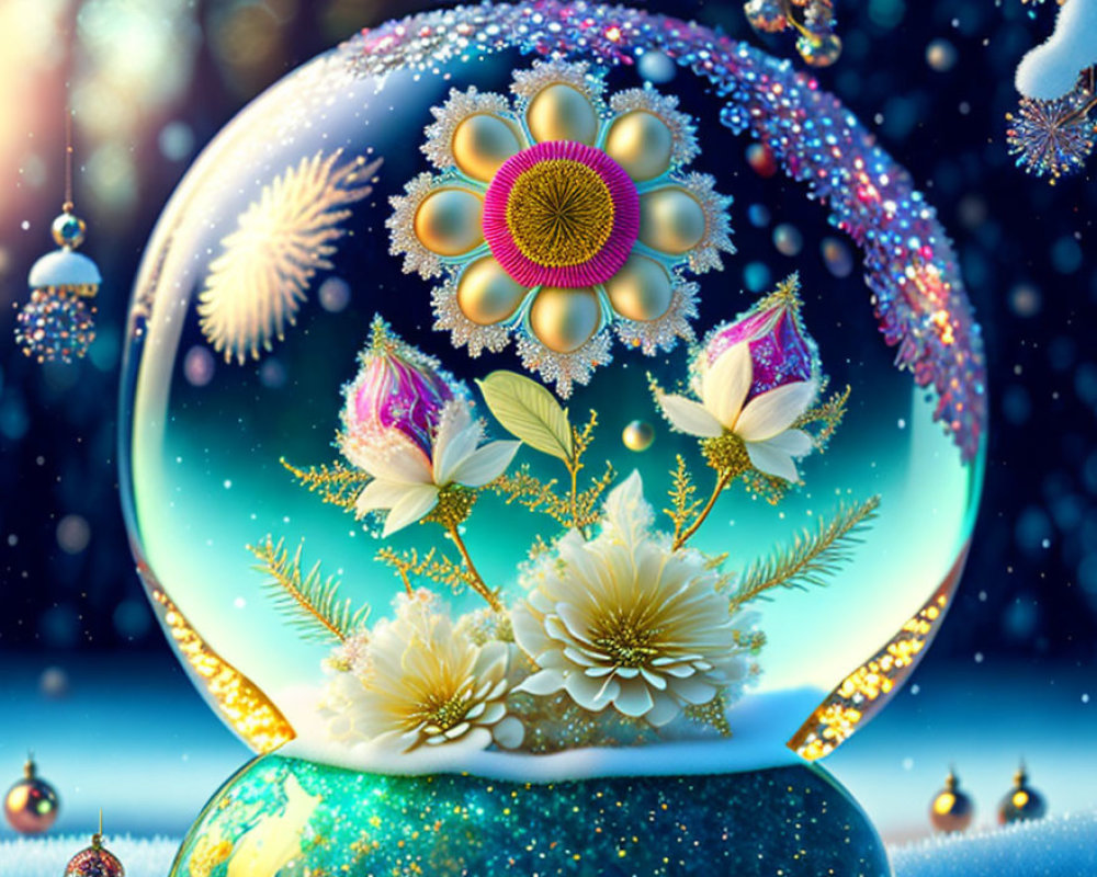 Colorful Snow Globe Artwork with Magical Flower Arrangement