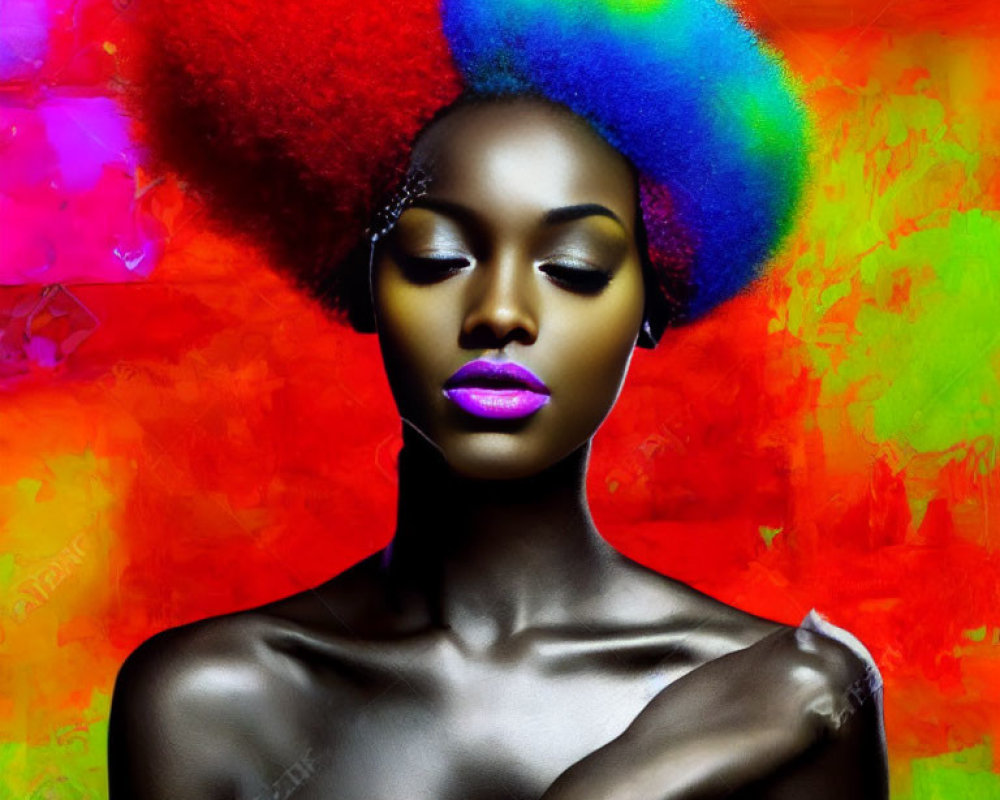 Colorful Afro Woman Portrait with Vibrant Background and Purple Lipstick