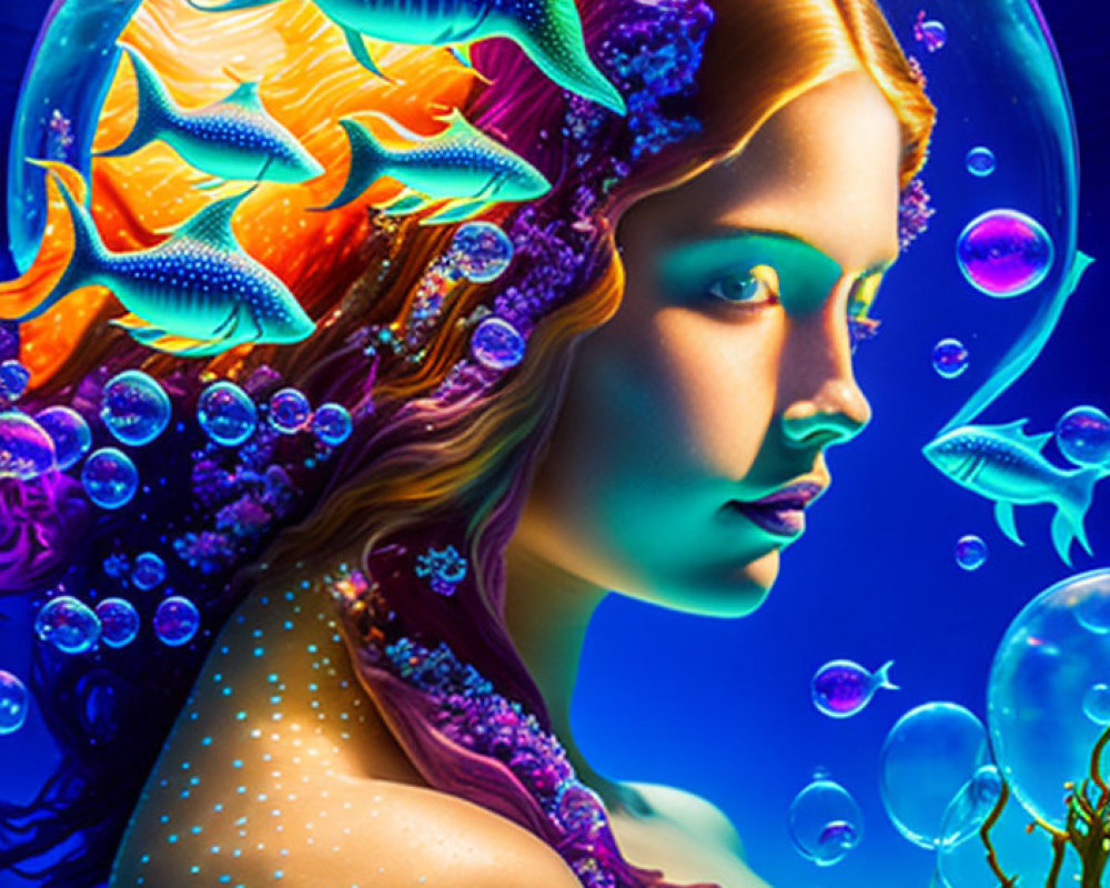 Digital artwork: Woman with sea elements in hair, underwater fantasy theme