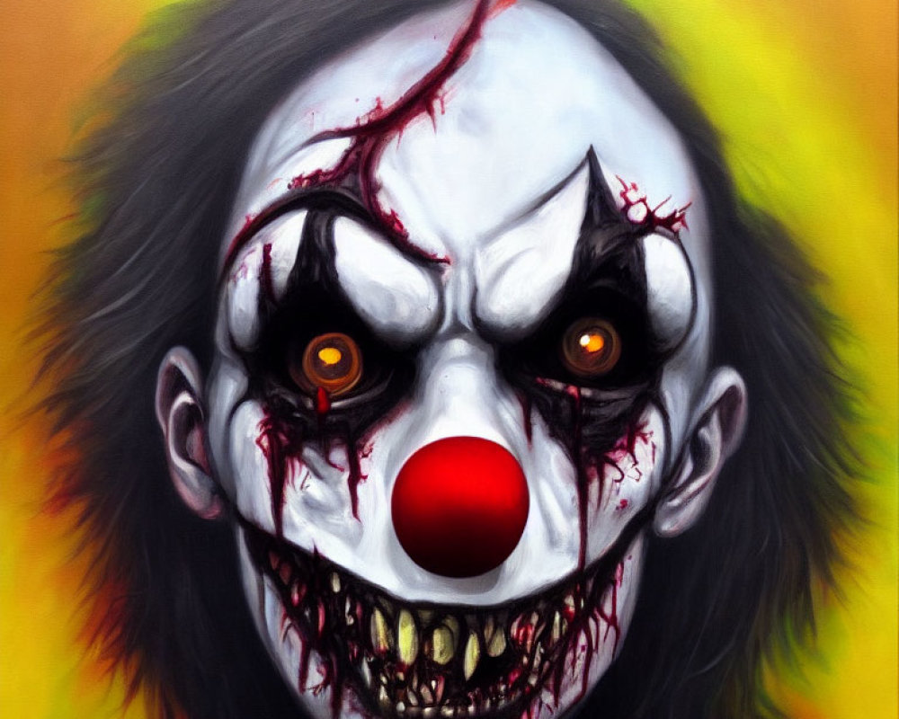 Creepy clown face with white base, black eye sockets, red nose, and bloodstains on