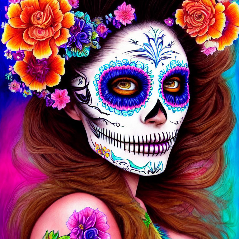 Colorful Day of the Dead Woman Artwork with Floral Crown and Skull Face Paint