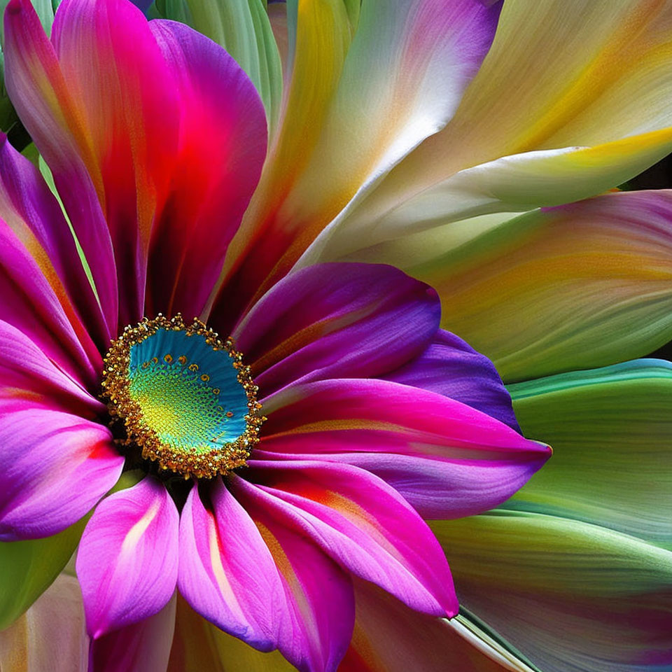 Colorful Close-Up of Multicolored Flower with Blue and Gold Center