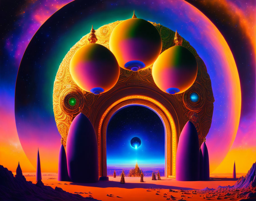 Surreal landscape with ornate arching doorway and cosmic backdrop