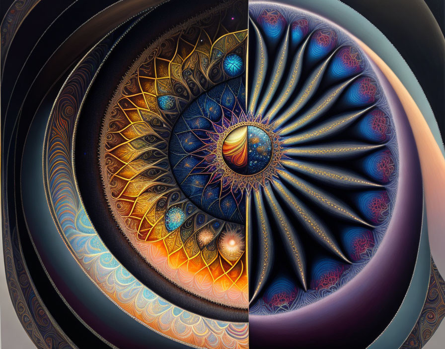 Vibrant eye-like digital artwork with intricate cosmic patterns in gold, blue, and orange