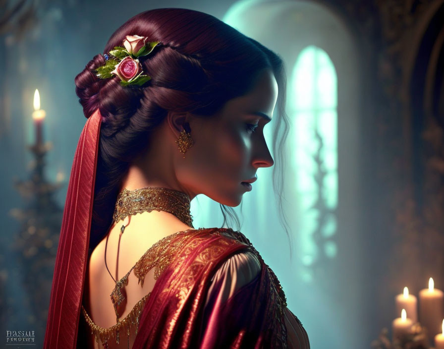Profile of elegant woman with braided hair, red shawl, and gold jewelry in candlelit room