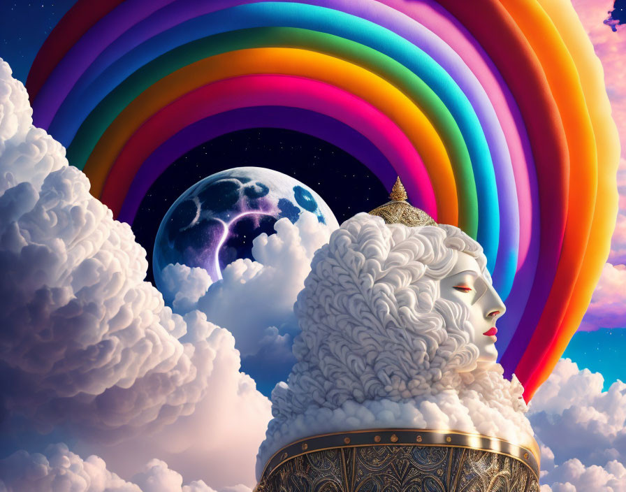 Surreal image of woman's face with white hair, rainbow, clouds, and moon