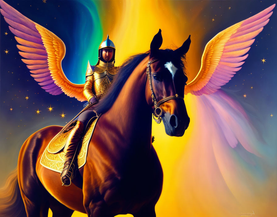 I’m riding a horse with wings in a sunset of golde