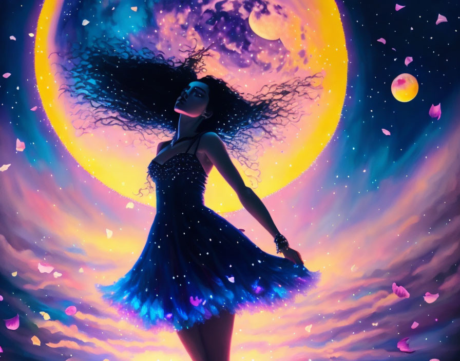 Woman in glowing dress spinning joyfully against cosmic background