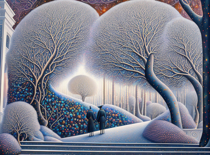 Stylized painting of two figures in surreal landscape