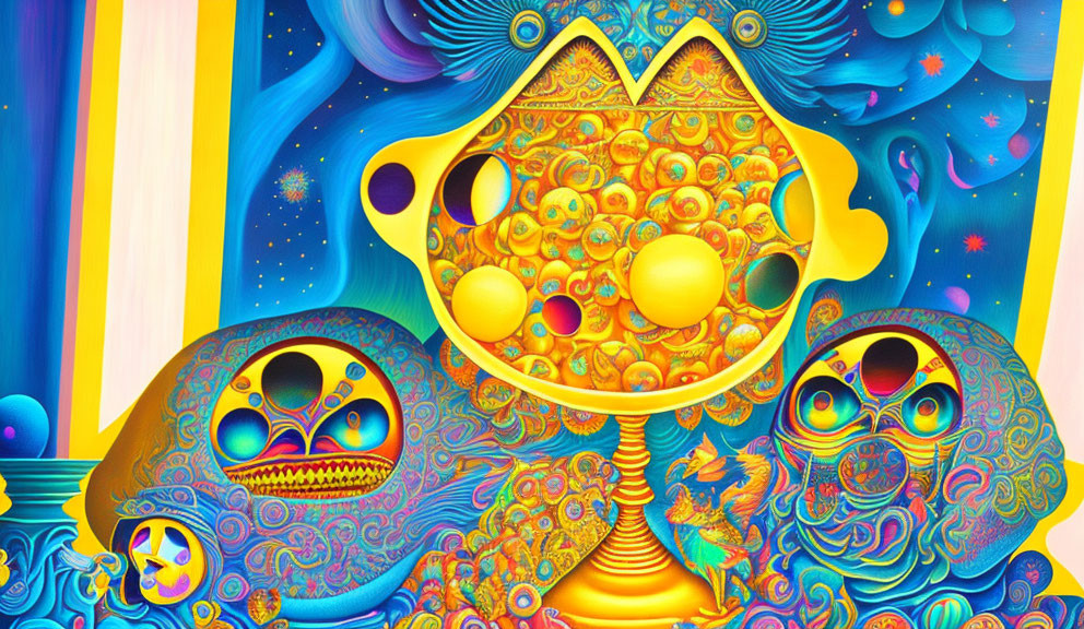 Colorful Abstract Artwork with Skull Figures and Floating Orbs