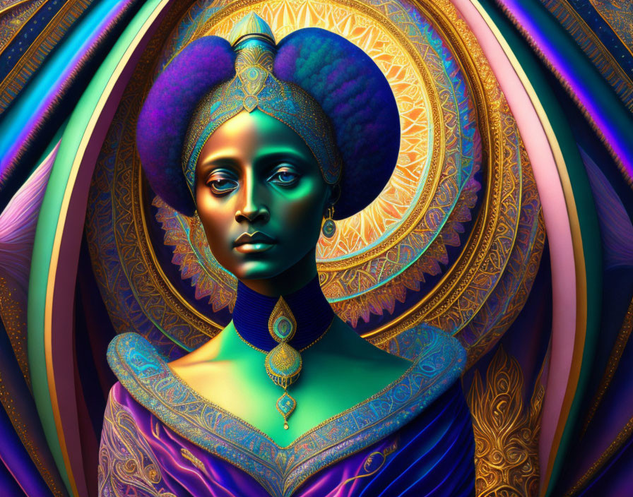 Colorful digital artwork of a woman with regal headdress and ornate patterns
