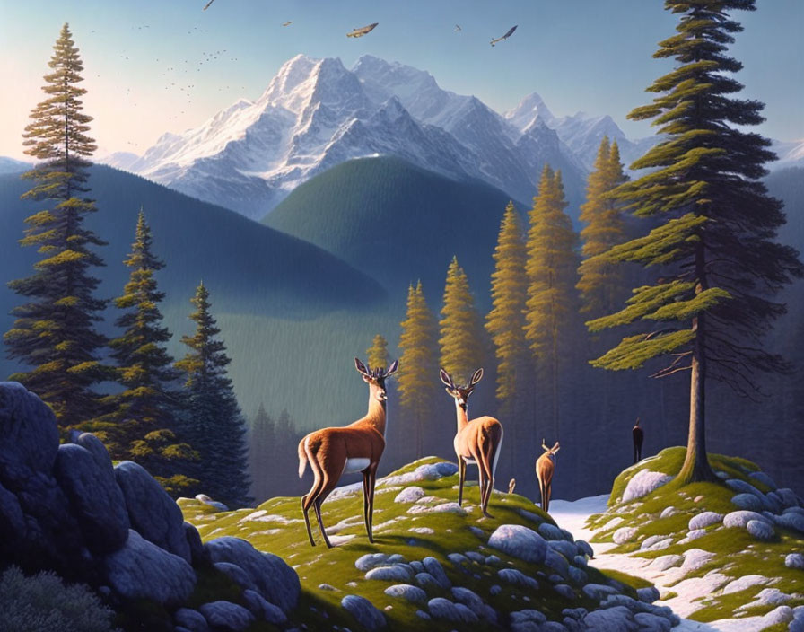 Tranquil mountain landscape with three deer and snowy peaks
