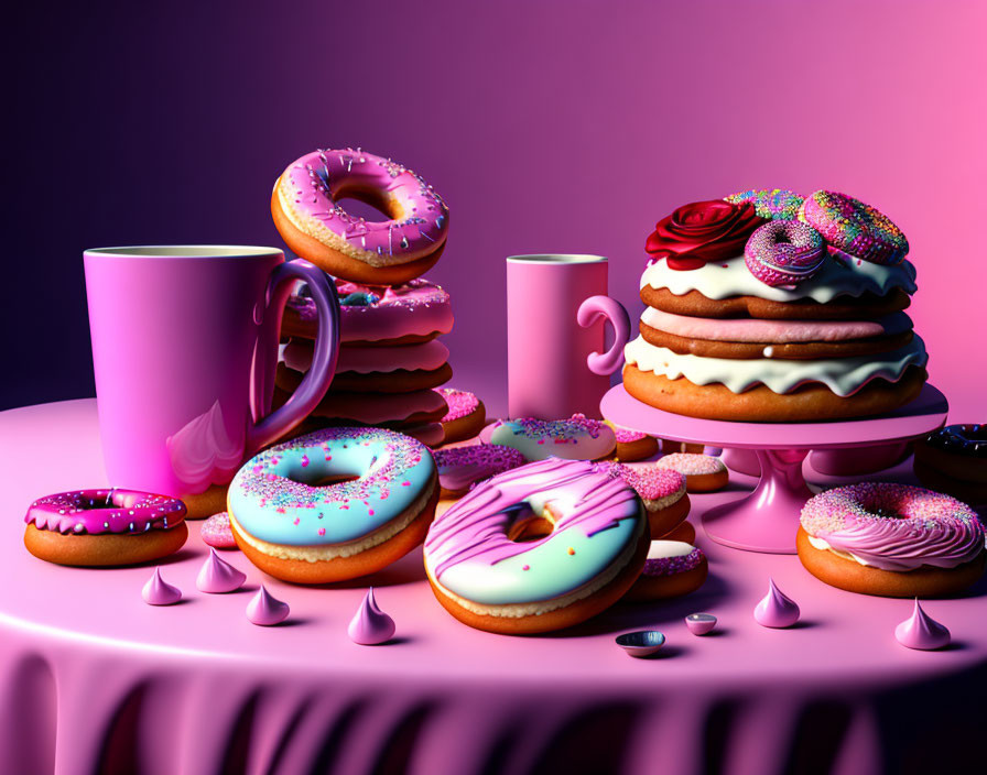 Assorted Decorated Donuts and Pink Mugs on Pink Table