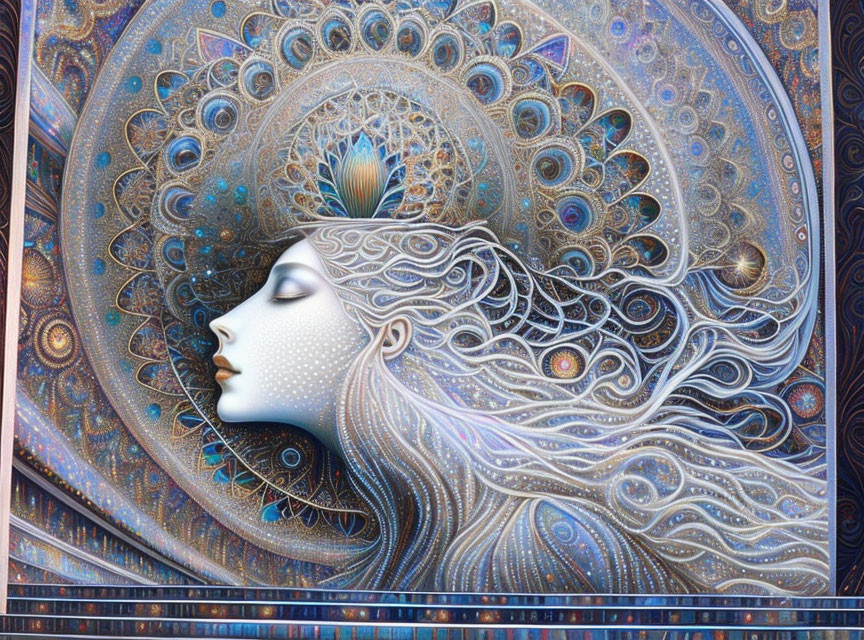 Ethereal woman with flowing hair and mandala patterns in digital art