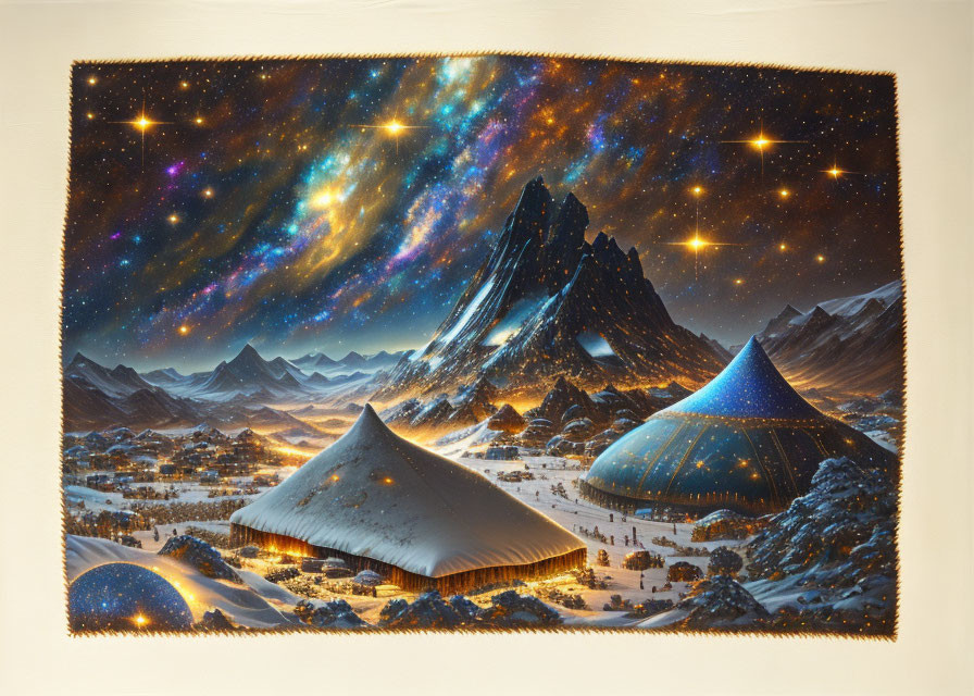 Vibrant artwork: Starry sky over snowy mountain with futuristic buildings