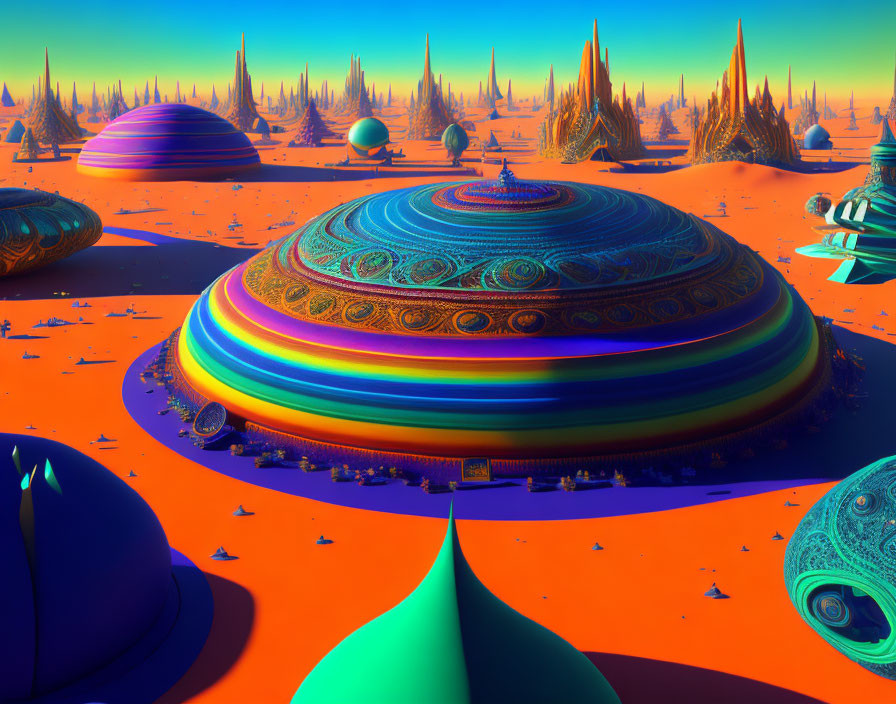 Colorful psychedelic landscape with dome-like structures and spire-shaped trees under orange and blue sky