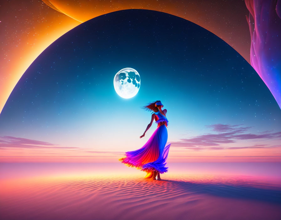 Woman in flowing dress under starry sky with large moon in surreal desert scene
