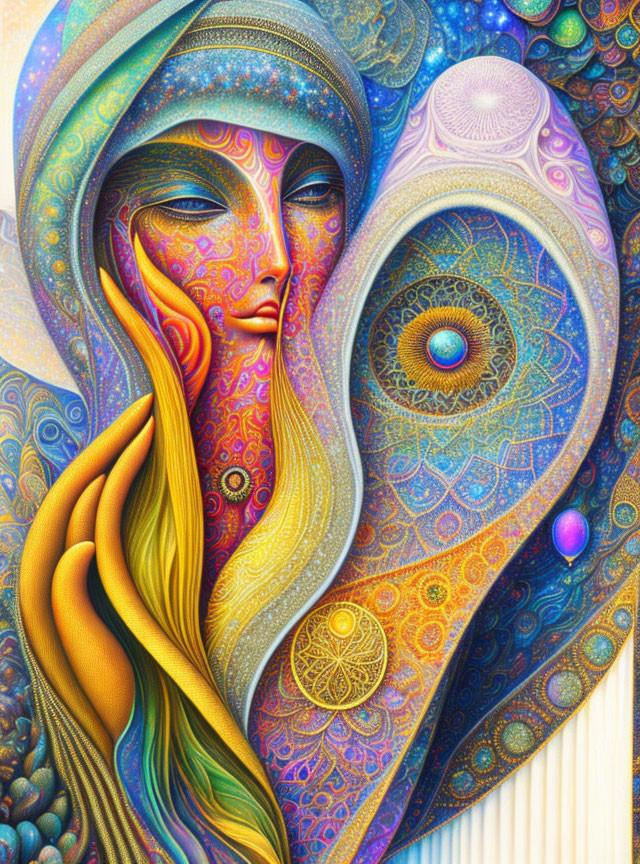 Vibrant artwork of stylized female figure with golden hair and cosmic symbols