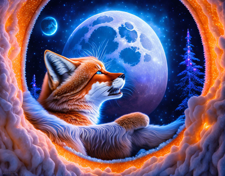 Red fox surrounded by fiery aura under cosmic sky