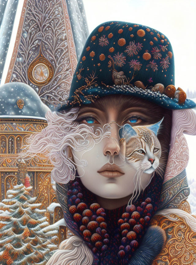 Portrait of person with white hair in cat-themed hat against ornate snowy building