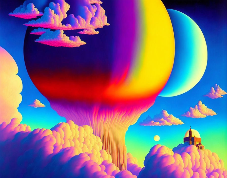 Colorful surreal landscape with sun-like orb, tree roots, house on floating island